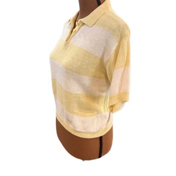 VINTAGE 80’s Kids Classics Collared Short Sleeve Yellow & White Striped Knit Tee - Picture 3 of 8